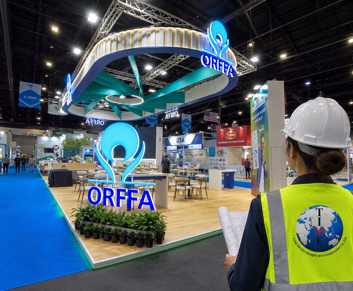 A Time Service site supervisor reviewing plans beside an exhibition stand