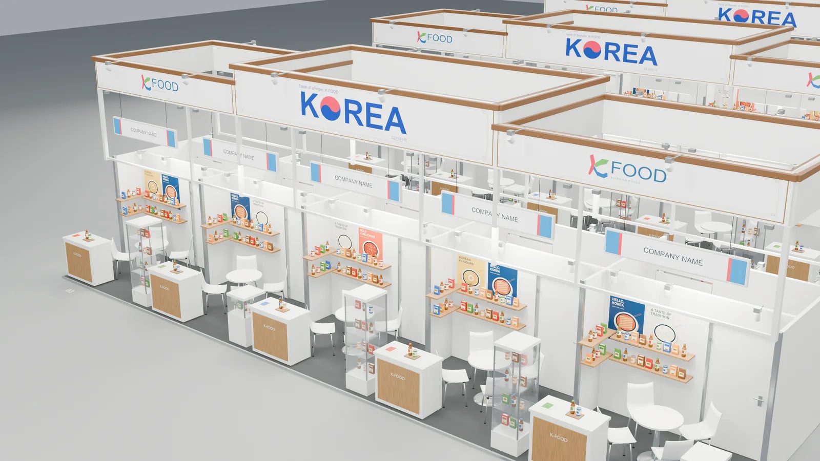 Korea pavilion exhibition bays with shared overhead branding, product displays and meeting tables