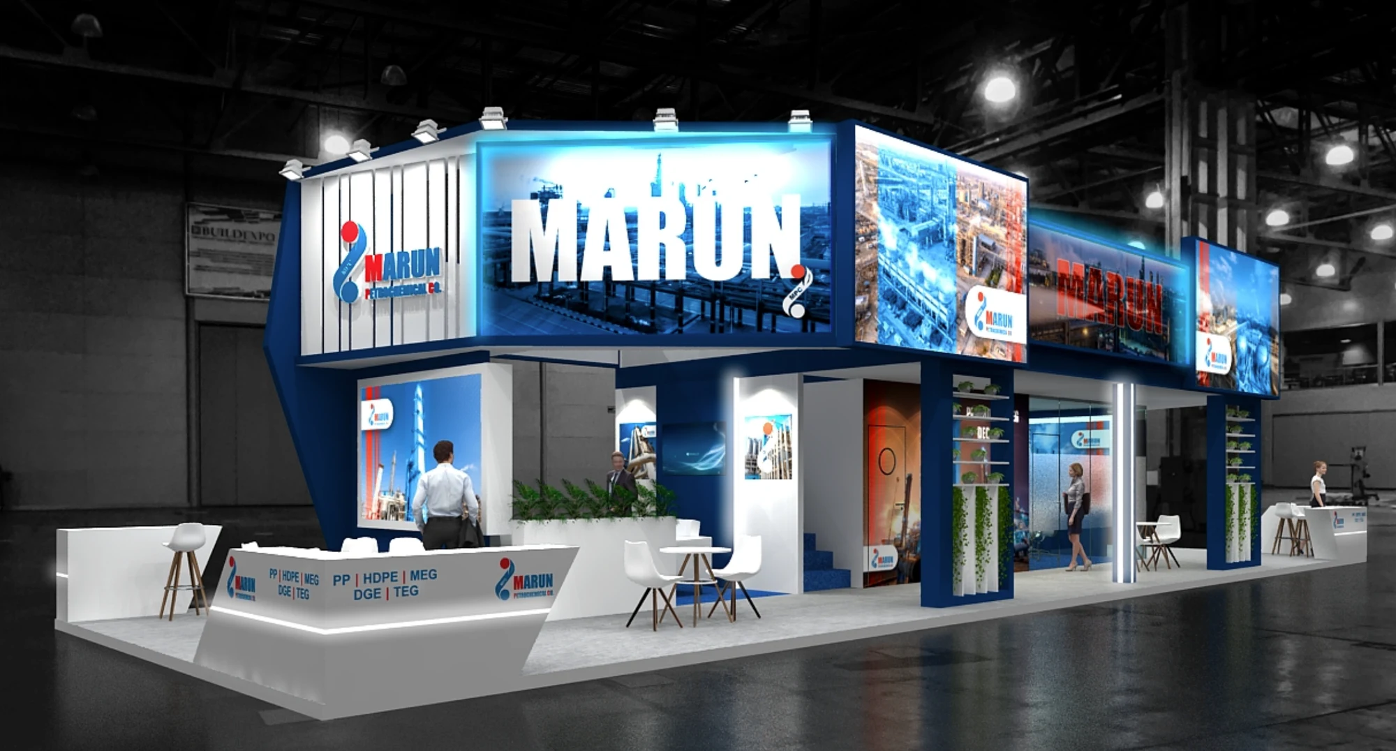 MARUN two-storey exhibition booth with illuminated blue-and-white architecture