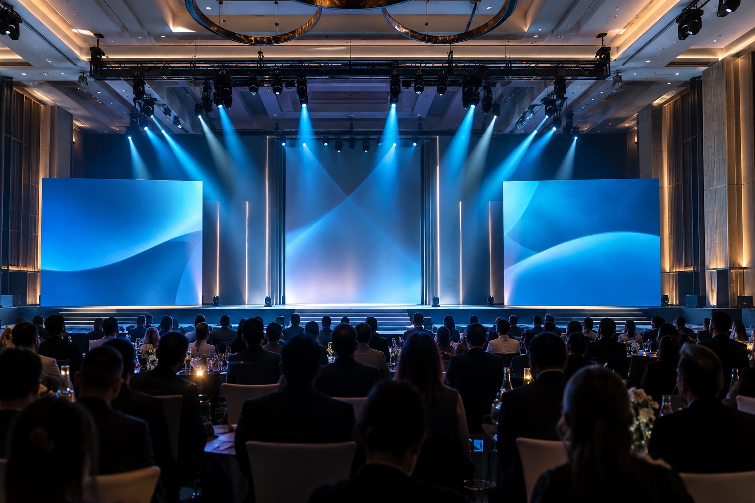 Contemporary corporate event stage illuminated with dramatic blue lighting