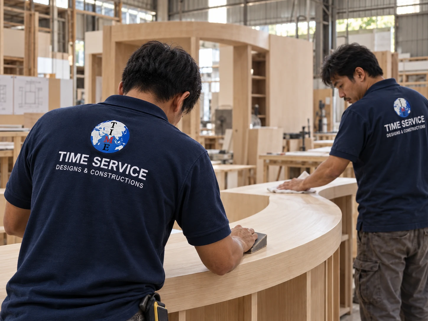Illustrative image of a workshop team preparing exhibition components and finishes