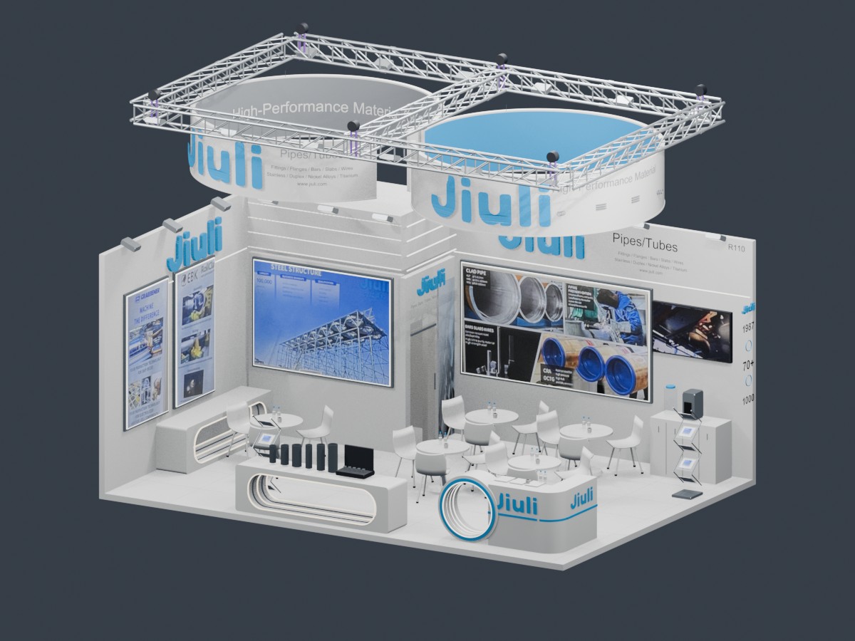 JIULI detailed exhibition booth with graphics, furnishings and suspended structure