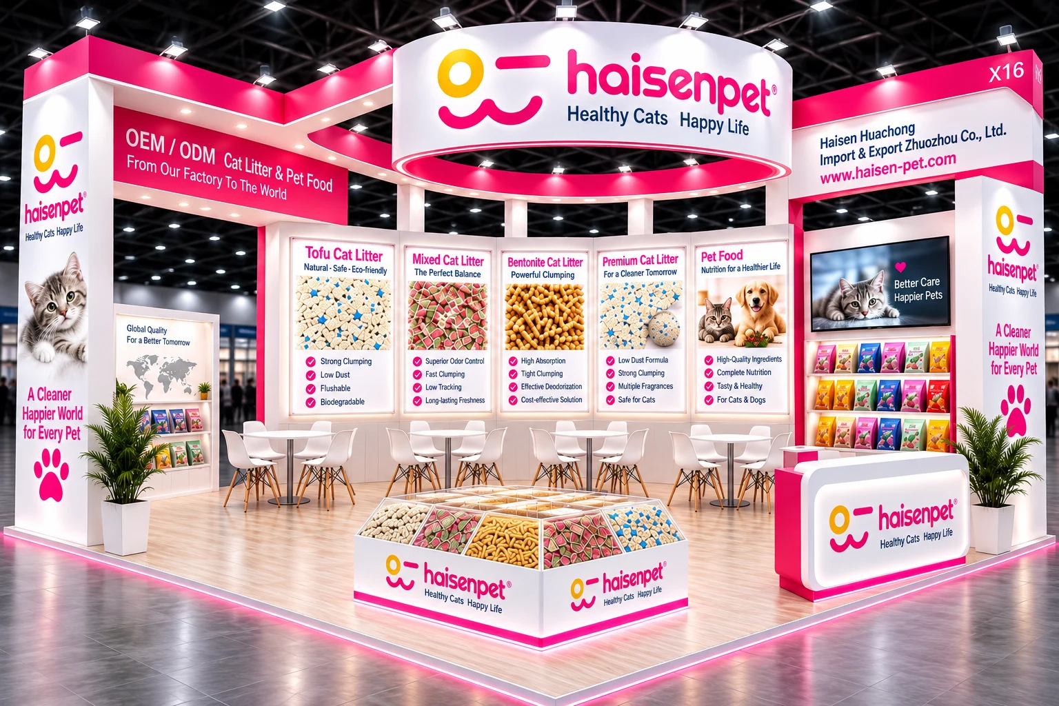 Haisenpet exhibition booth with pink and white branding, suspended signage and product displays